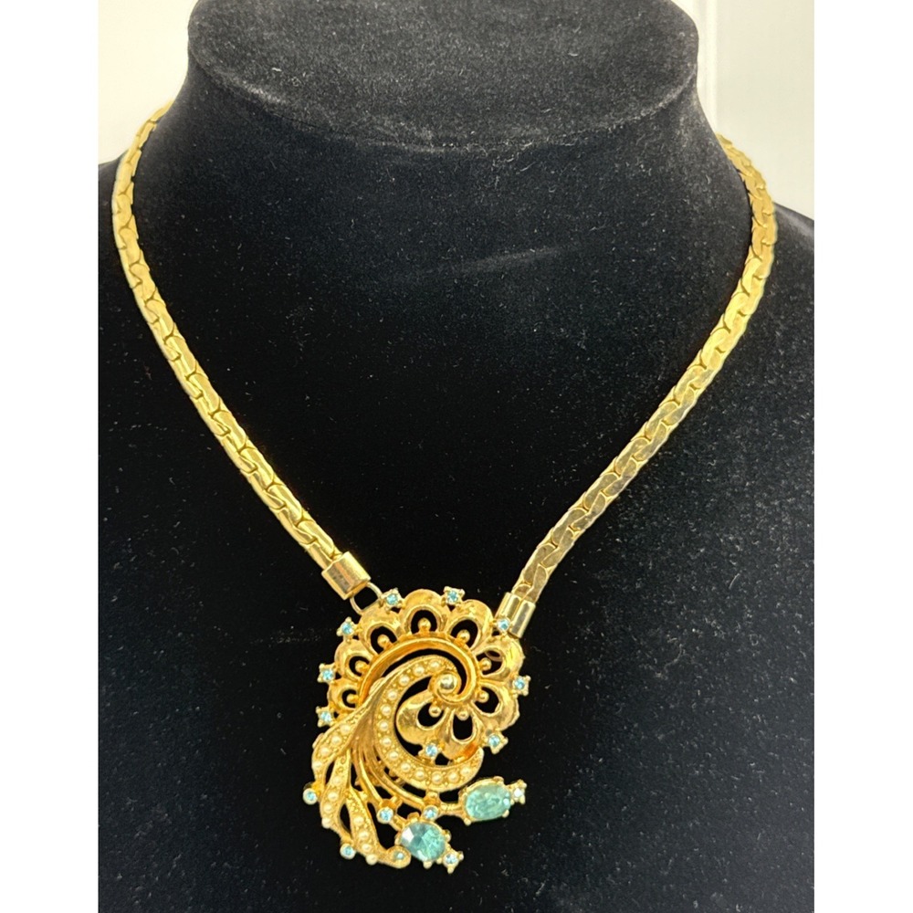 Vtg Art Deco CORO? Aqua Rhinestone faux Pearl Pendant 14" Necklace‎ Goldtone